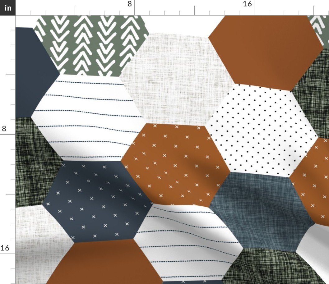 6" hexagon wholecloth: rust, slate, olive