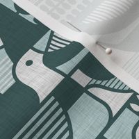 Mid Century modern Birds -Teal- Linen Medium