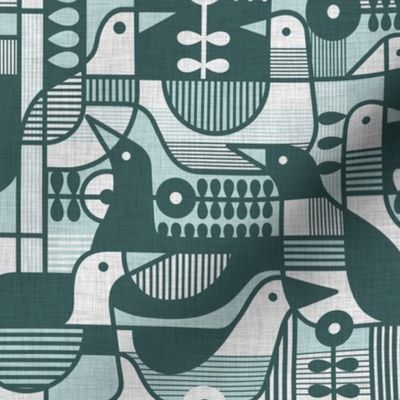 Mid Century modern Birds -Teal- Linen Medium