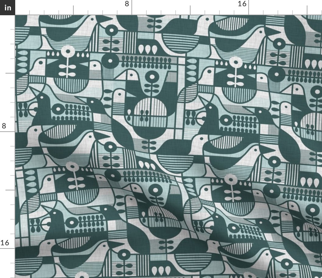 Mid Century modern Birds -Teal- Linen Medium