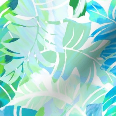 Tropical Banana Leaves Turquoise on White 150