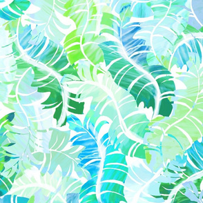 Tropical Banana Leaves Turquoise on White 150