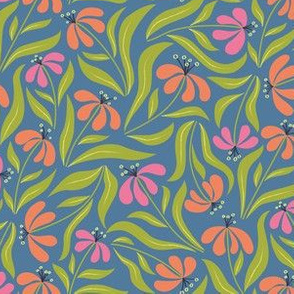Flowy Floral - Orange and Pink on Light Blue - Small Scale