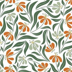 Flowy Floral - Orange and Green on White - Small Scale