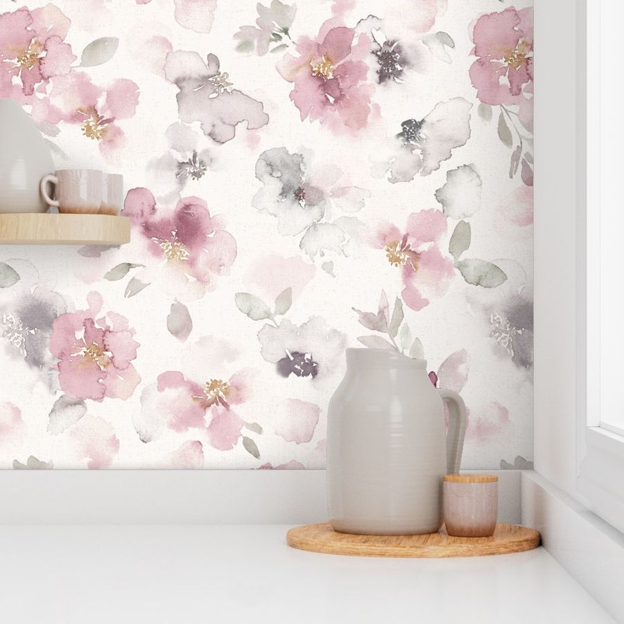 Misty pink floral watercolor - large Wallpaper | Spoonflower