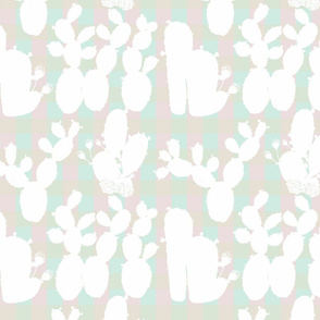Prickly Pear Rumba – White Cacti on Pink-Mint Plaid