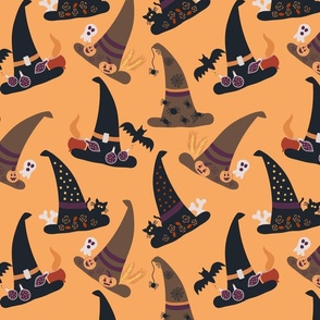 witchcraft, witch, hat, halloween, orange, cauldron, bat, cat, spider, pumpkin, ghost, wicca