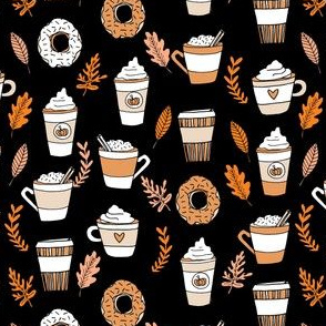 SMALL  pumpkin spice latte fabric coffee and donuts fall autumn traditions black