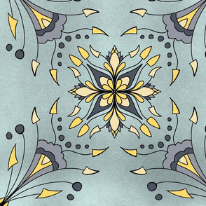 Yellow Grey Floral Tile Mandala Wallpaper Fabric Design Texture