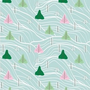 Pastel Pink and Green Christmas Trees on Snowy Mountains