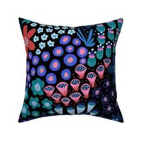 Autumn Flower Meadow Blue Teal Pink Red On Black - Large