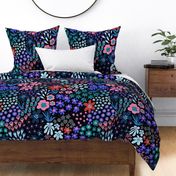 Autumn Flower Meadow Blue Teal Pink Red On Black - Large