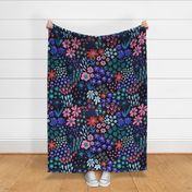 Autumn Flower Meadow Blue Teal Pink Red On Black - Large