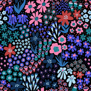 Autumn Flower Meadow Blue Teal Pink Red On Black - Large