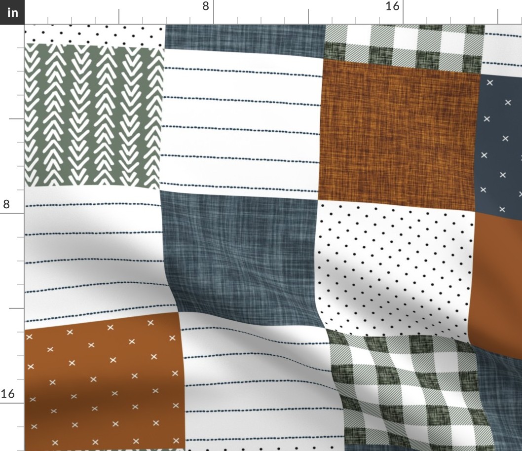 6" patchwork wholecloth: rust, slate, olive