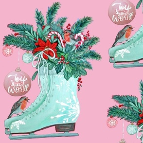 Ice skates Christmas robins, candy canes, poinsettia and holly