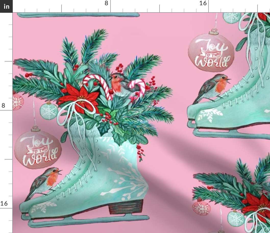 Ice skates Christmas robins, candy canes, poinsettia and holly