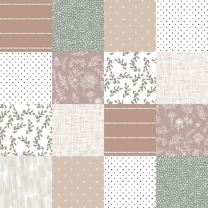 6" patchwork wholecloth: mauve, laurel, taupe