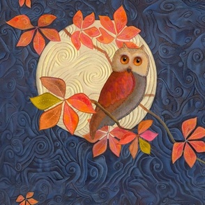 21x15-Inch Panel of Owl with Autumn Leaves and Harvest Moon