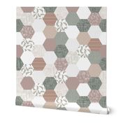 6" hexagon wholecloth: mauve, laurel, taupe