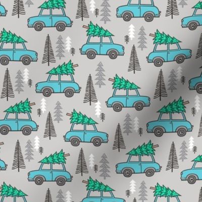 Holiday Christmas Tree Blue Car Woodland Fall on Grey Smaller 1,75 inch