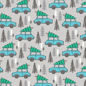 Holiday Christmas Tree Blue Car Woodland Fall on Grey Smaller 1,75 inch