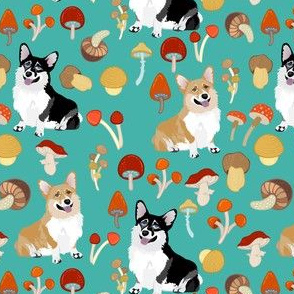 5" corgi in forest searching for mushrooms, dog fabric dog fabric -turquoise 