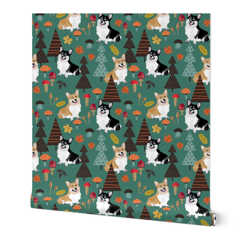 5" corgi in forest searching for mushrooms, dog fabric dog fabric - teal