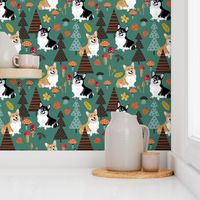 5" corgi in forest searching for mushrooms, dog fabric dog fabric - teal