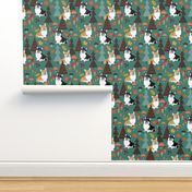 5" corgi in forest searching for mushrooms, dog fabric dog fabric - teal