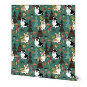 5" corgi in forest searching for mushrooms, dog fabric dog fabric - teal