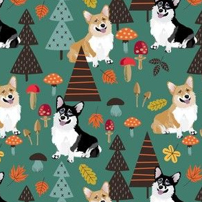 5" corgi in forest searching for mushrooms, dog fabric dog fabric - teal