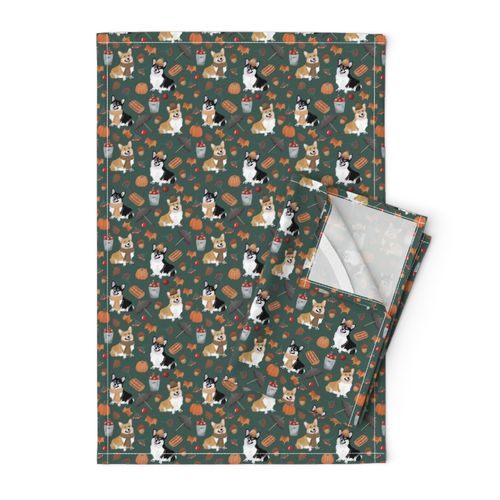 5" corgi fall in garden day, pumpkins and mushrooms fabric, dog fabric dog fabric -teal