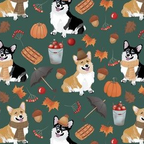 5" corgi fall in garden day, pumpkins and mushrooms fabric, dog fabric dog fabric -teal