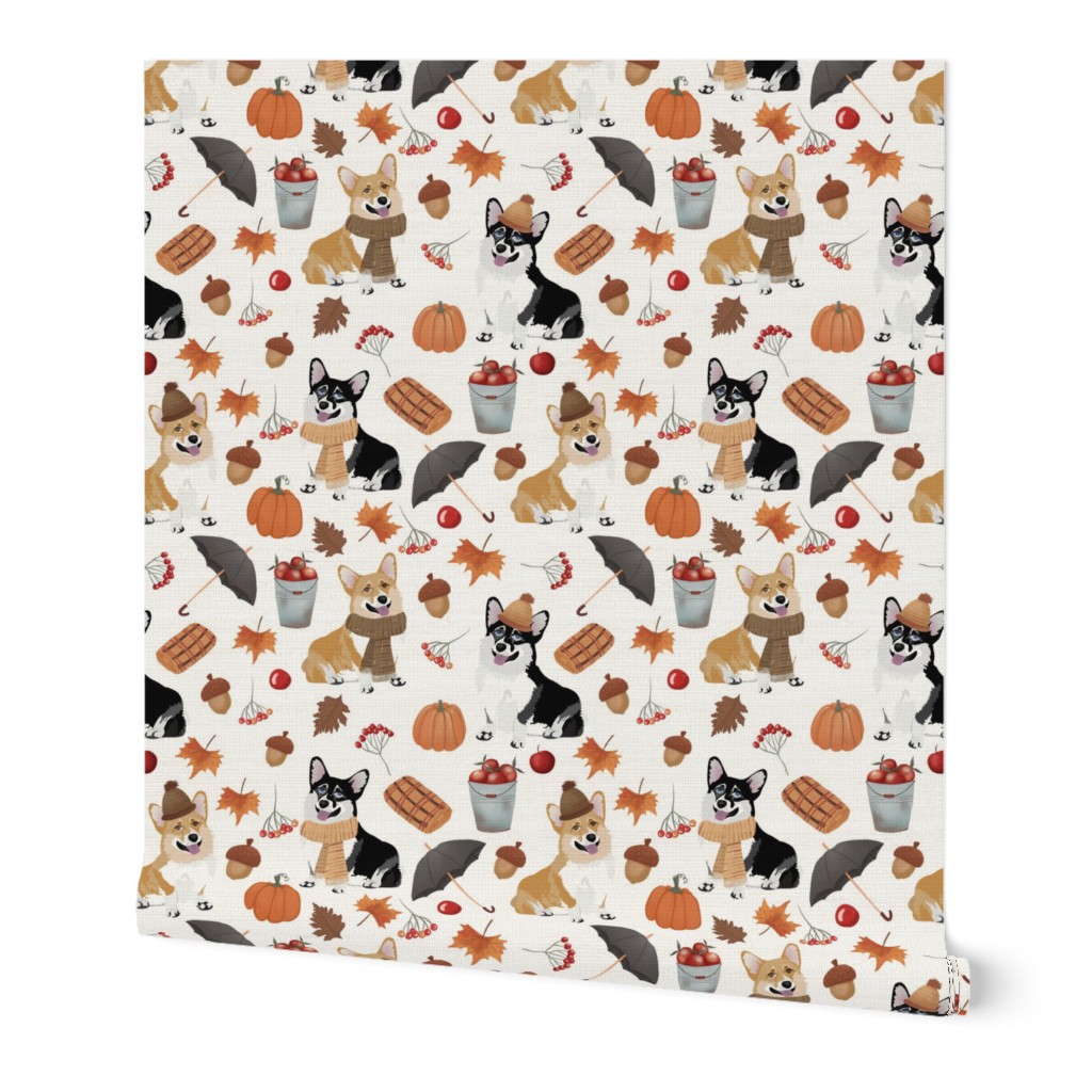 5" corgi fall in garden day, pumpkins and mushrooms fabric, dog fabric dog fabric -white