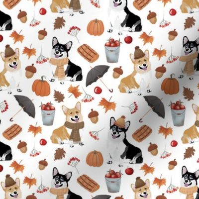 5" corgi fall in garden day, pumpkins and mushrooms fabric, dog fabric dog fabric -white