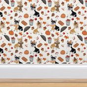 5" corgi fall in garden day, pumpkins and mushrooms fabric, dog fabric dog fabric -white