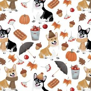 5" corgi fall in garden day, pumpkins and mushrooms fabric, dog fabric dog fabric -white