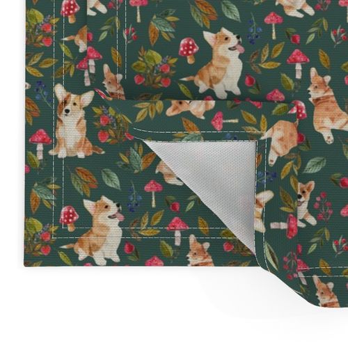 5" corgi fall in garden day, pumpkins and mushrooms fabric, dog fabric dog fabric -teal