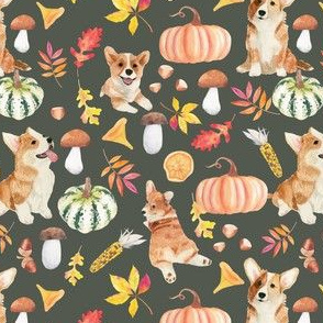 5" corgi fall in garden day, pumpkins and mushrooms fabric, dog fabric dog fabric -green
