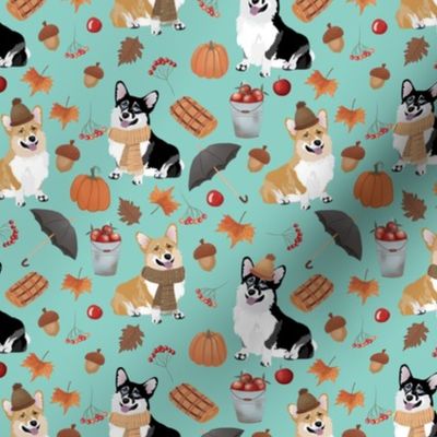 5" corgi in forest searching for mushrooms, dog fabric dog fabric - turquoise