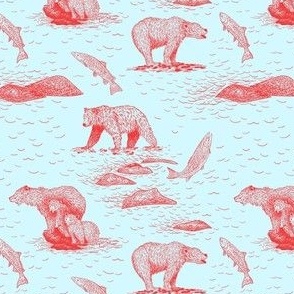 Grizzly Bears Fishing For Salmon (Light Blue and Salmon Red) – Small Scale