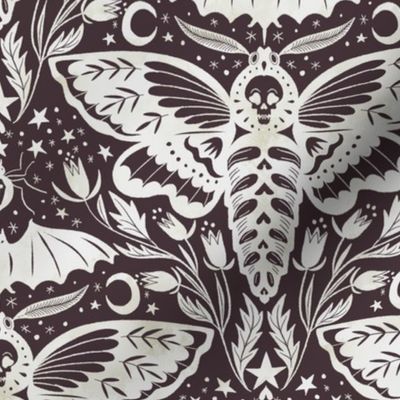 Watercolor Skull Moth Damask - Dark