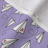 Paper Plane Love Hearts Valentine on Lavender Purple  Smaller 1,5 inch