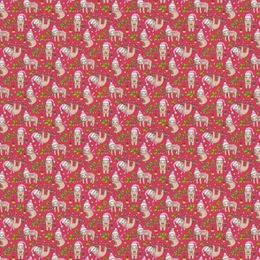 Christmas Holidays Winter Sloths Pink on Dark Red Tiny Small 0,75 inch