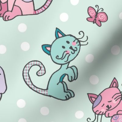 Cute Cats Pastel Teal Pink Purple Polka Dot