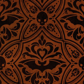 Mephistophelean Damask Orange – floral, bats and skulls