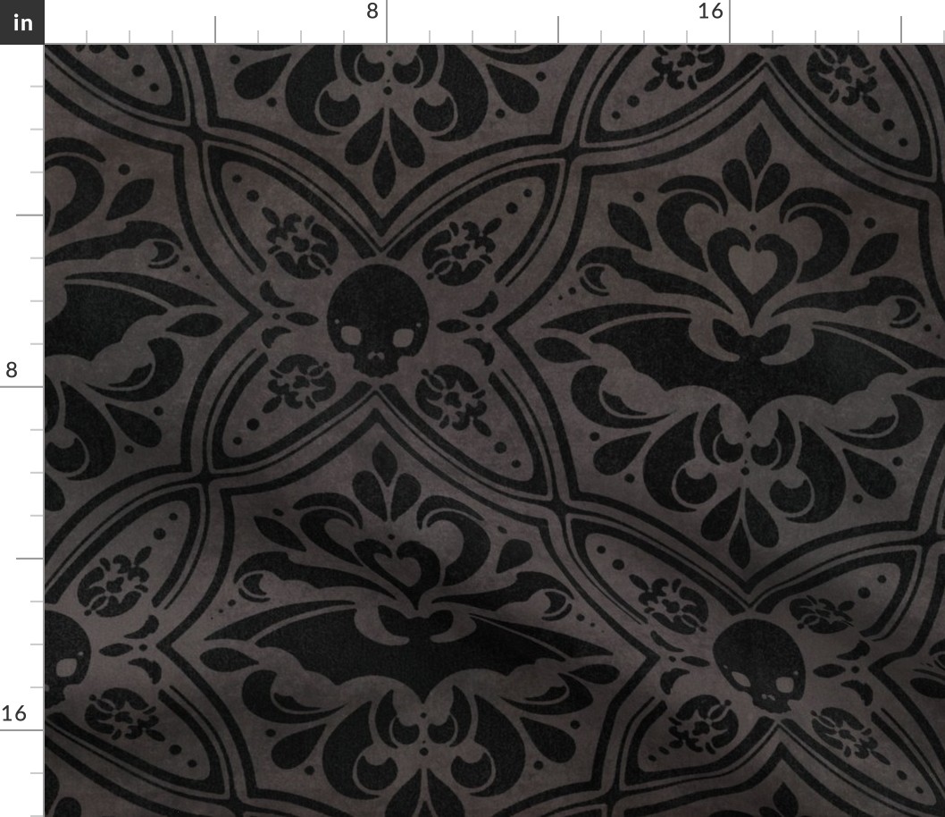 Mephistophelean Damask Gray – floral, bats and skulls 