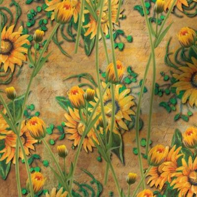 Sunflowers on Aged Script