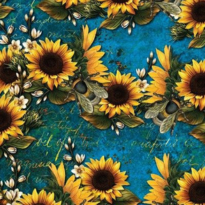 Sunflowers on Teal Script
